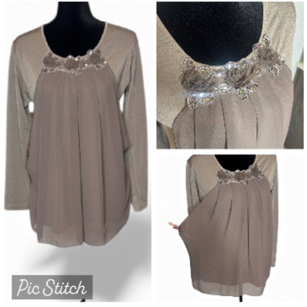 Jelly Juise -Elegant Sequin Floral & Sheer Flowy Taupe Top - Size Medium